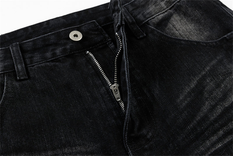 Men's Black Baggy Wide-Leg Jeans – Washed Distressed Curved Silhouette