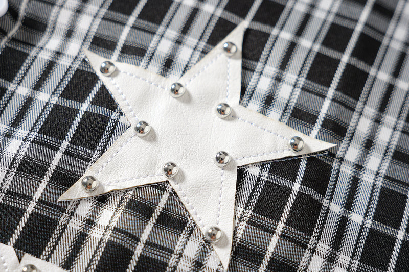 Designer Long Sleeve Shirt – Plaid Studded 'LUCK' Star Graphic, Relaxed Fit