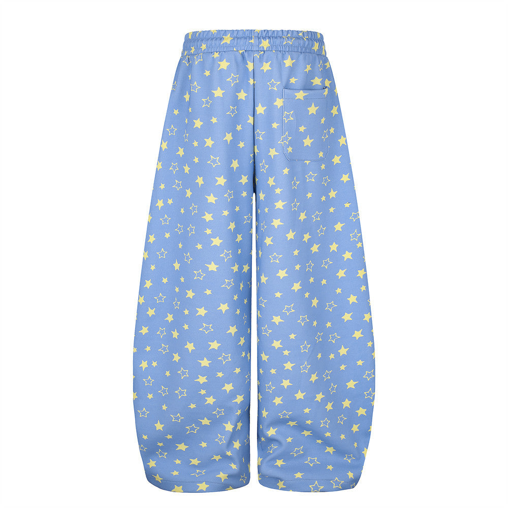 Blue wide leg star print sweatpants, back view with rear patch pocket