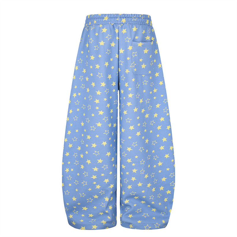 Blue wide leg star print sweatpants, back view with rear patch pocket