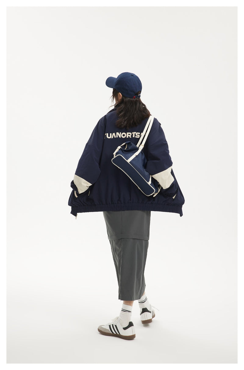 Colorblock Zip-Up Track Jacket — Oversized Retro Varsity Style