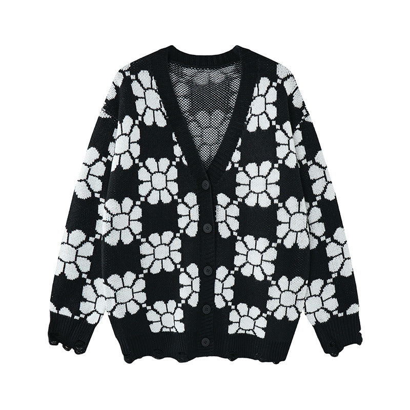 Cardigan oversize en maille à col V avec motif floral à damier et ourlet effet usé, coloris noir et blanc