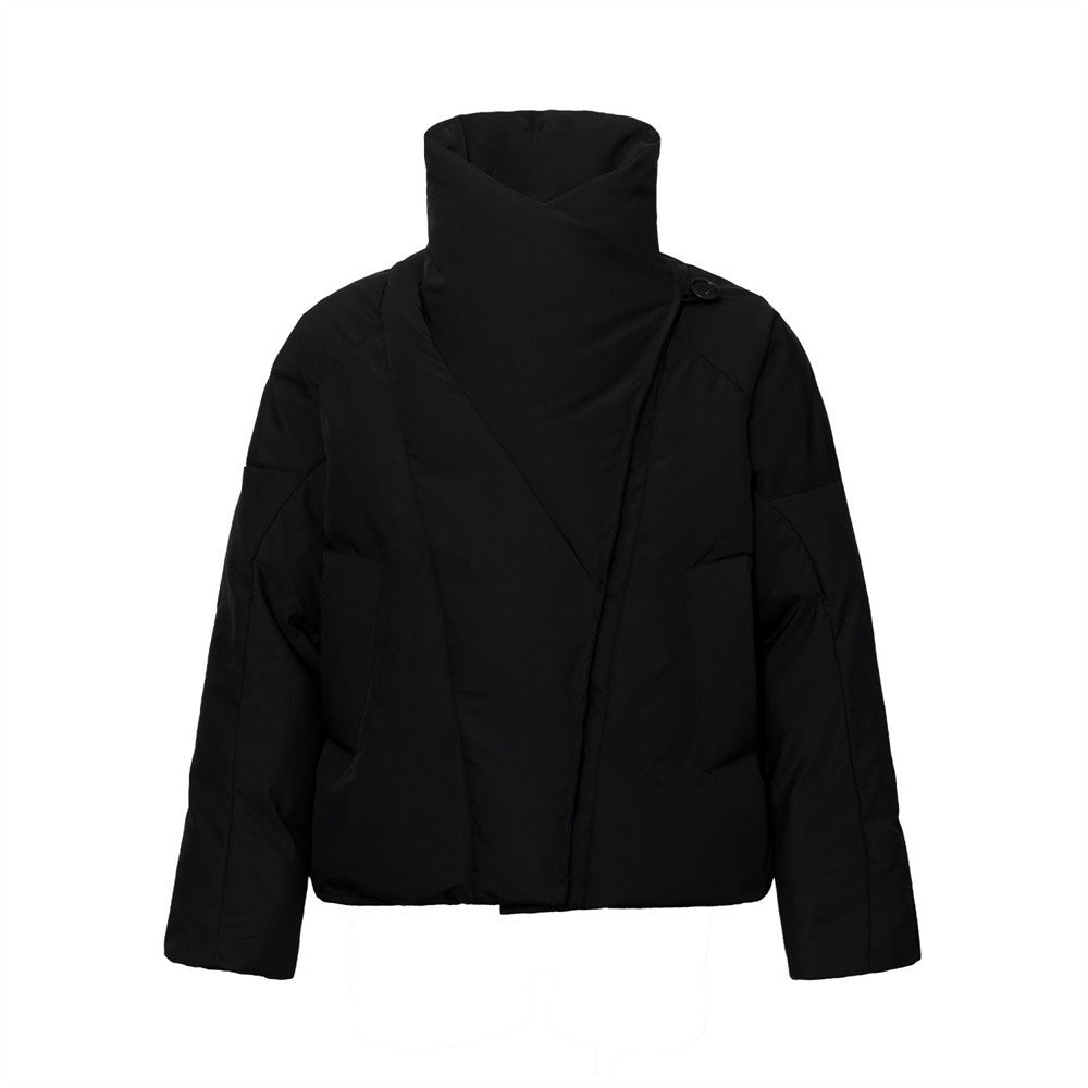 Men's black winter puffer jacket with asymmetric wrap collar and quilted front panels, front and back view