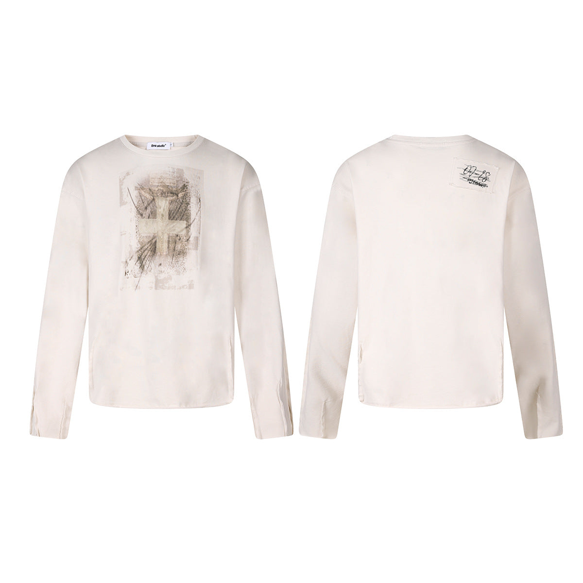 Long Sleeve White Shirt with Vintage Cross Graphic Print – Washed Crew Neck Tee