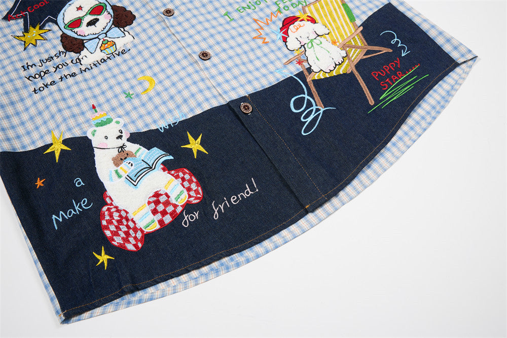 Chemise homme boutonnée à manches longues – Carreaux et empiècements en jean brodés cartoon