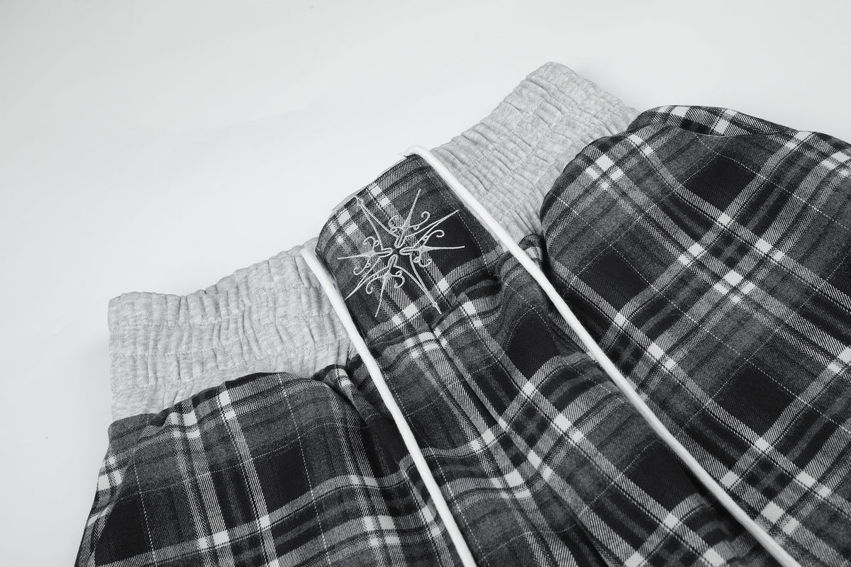 Plaid Wide-Leg Sweatpants with Drawstring Waist & Script Graphic