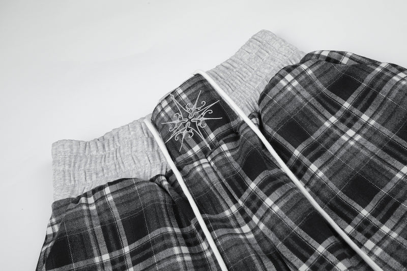 Plaid Wide-Leg Sweatpants with Drawstring Waist & Script Graphic