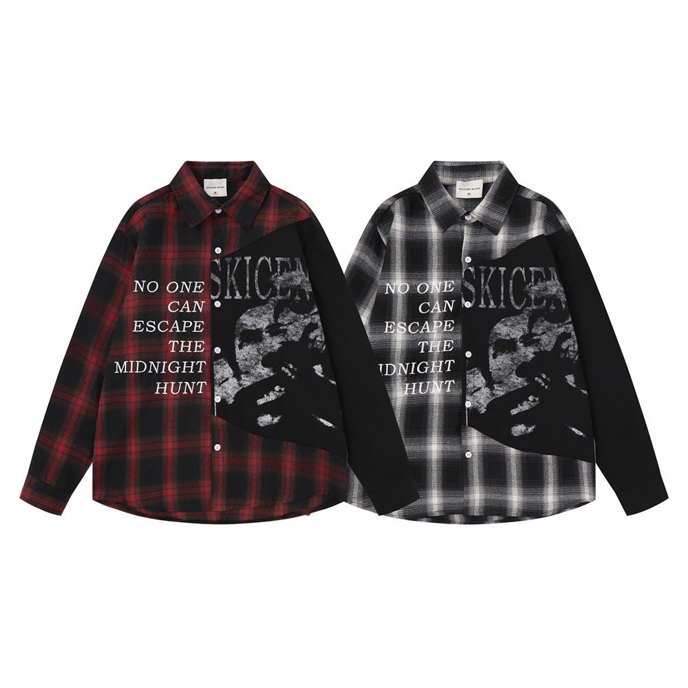 Men's Plaid Colorblock Flannel Shirt – Skull Graphic Long Sleeve Button-Up