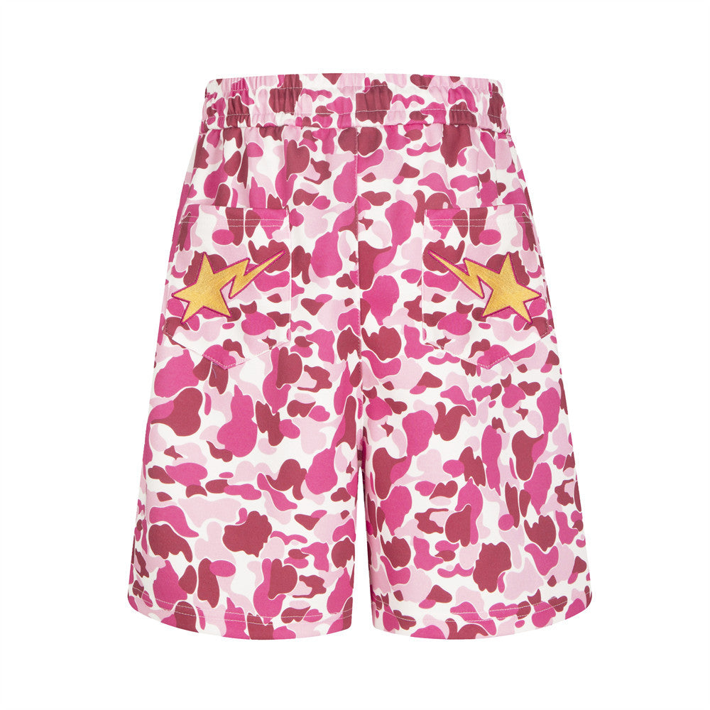 Camo Print Shorts Men Star Embroidery Elastic Waist Streetwear Basketball Shorts