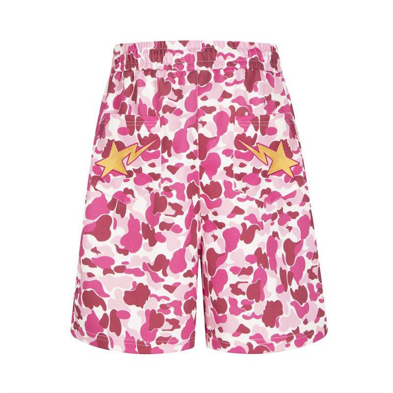 Camo Print Shorts Men Star Embroidery Elastic Waist Streetwear Basketball Shorts