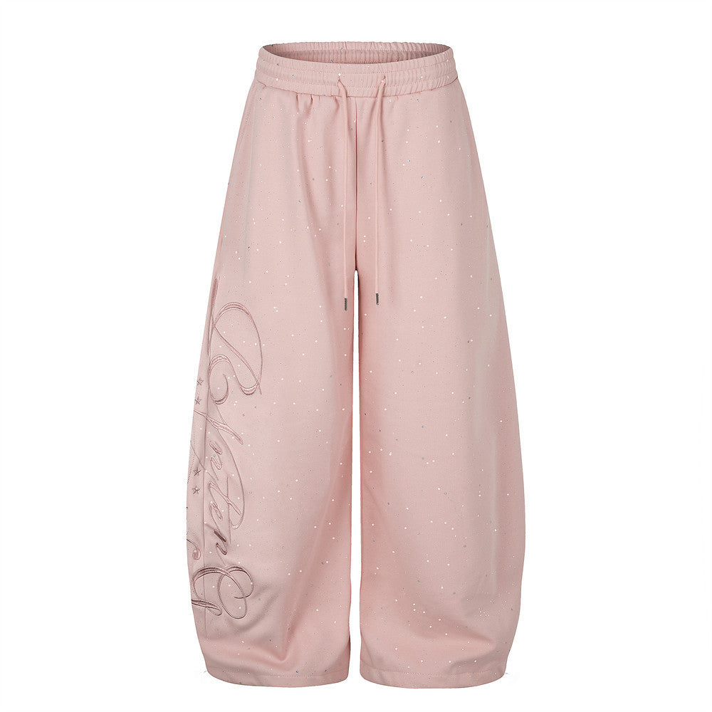 Wide-Leg Sweatpants with Glitter Fabric & Script Graphic Print