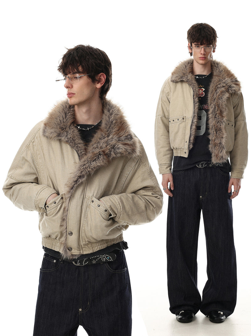 Faux Fur Collar Padded Bomber Jacket – Oversized Cotton Shell