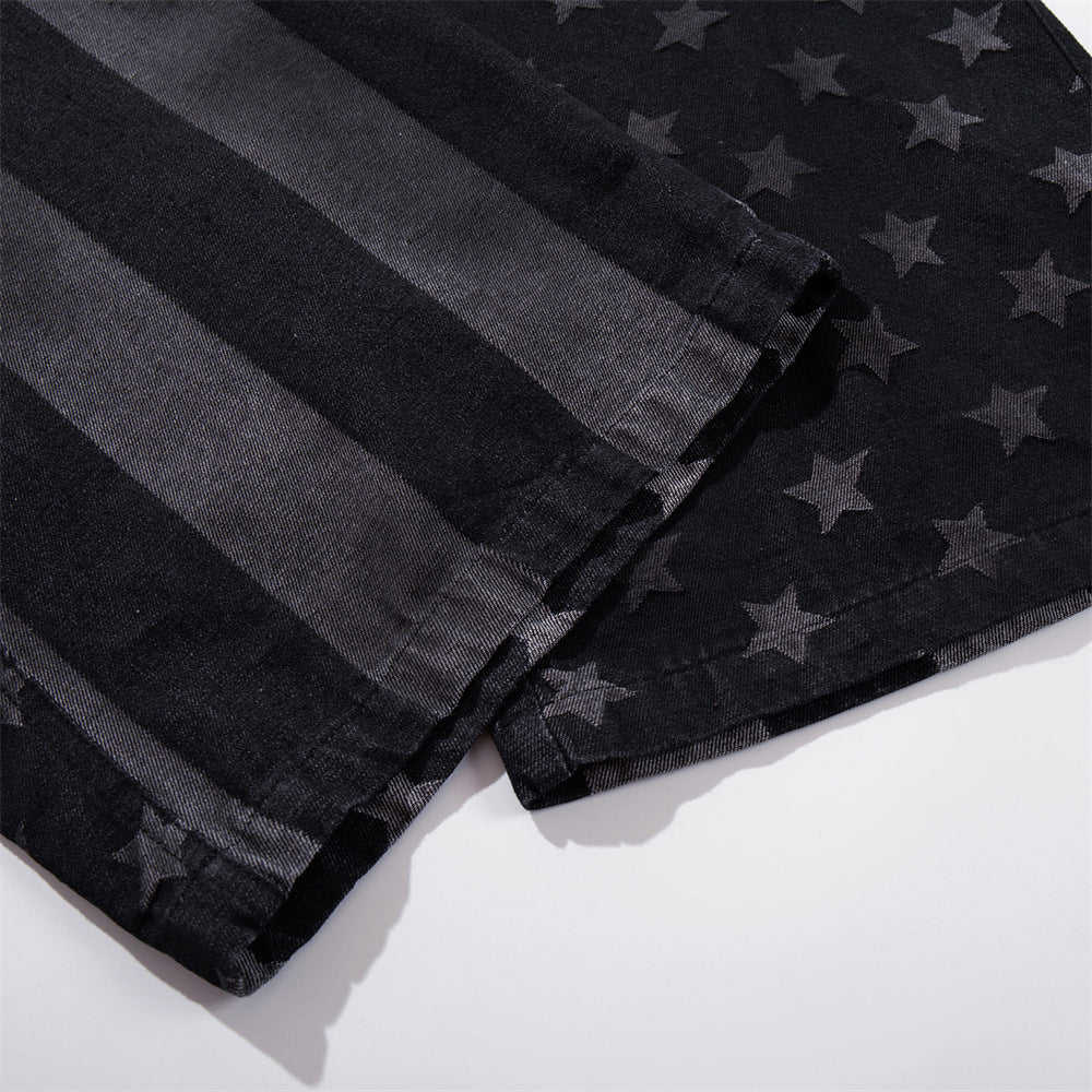 Wide-Leg Jeans with Stars & Stripes Print – Distressed Black Denim