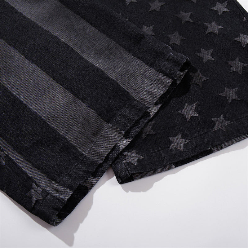Wide-Leg Jeans with Stars & Stripes Print – Distressed Black Denim
