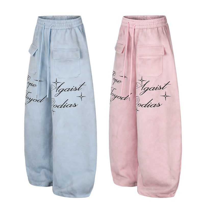 Pantalon de survêtement en velours côtelé à jambes larges avec imprimé script et poches cargo