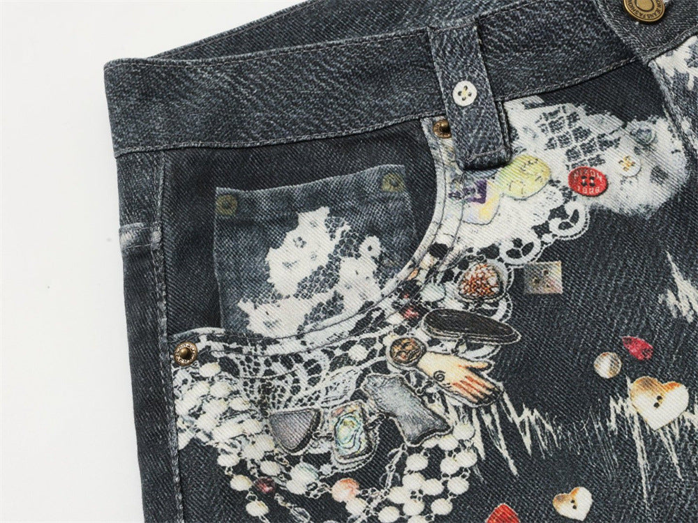 Loose Jeans for Men – Graffiti 3D Print Wide-Leg Dark Wash Denim