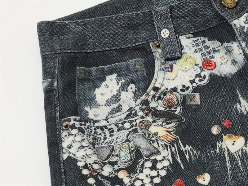 Loose Jeans for Men – Graffiti 3D Print Wide-Leg Dark Wash Denim