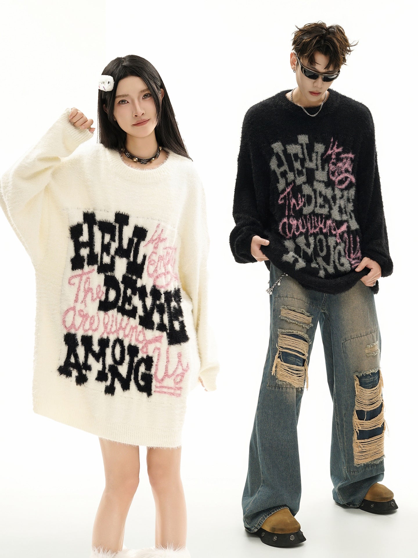 Pull oversize en maille jacquard à lettrage – Hell Is Empty, motif graffiti