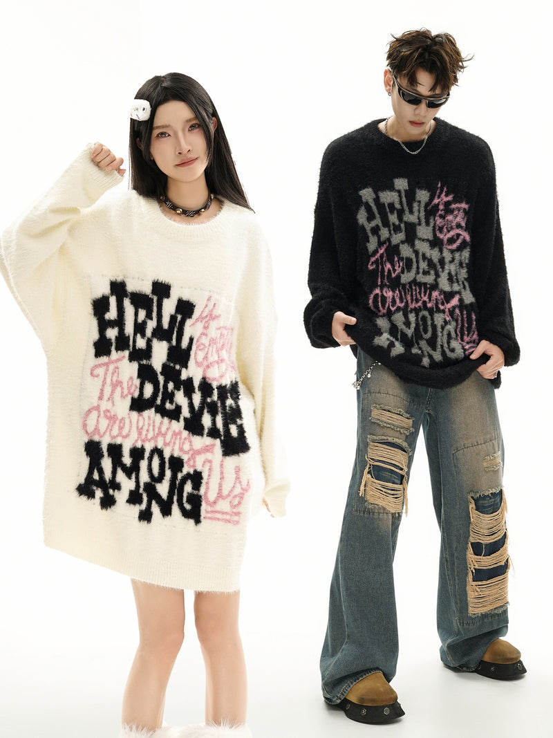 Pull oversize en maille jacquard à lettrage – Hell Is Empty, motif graffiti