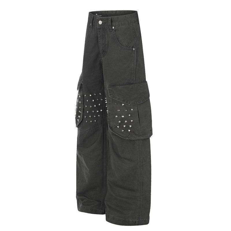 Pantalon cargo gris délavé à rivets pour homme – Coupe ample et décontractée