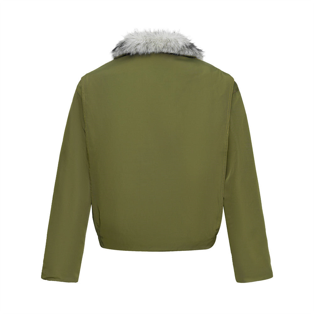 Full Zip Jacket Men Faux Fur Collar Padded Winter Bomber