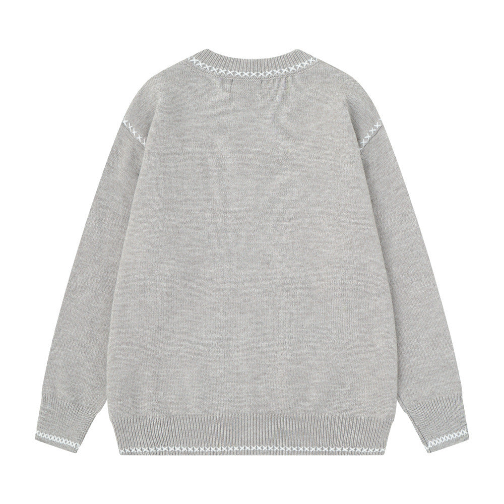 Crew Neck Sweater Men's Oversized Embroidered Knit Pullover