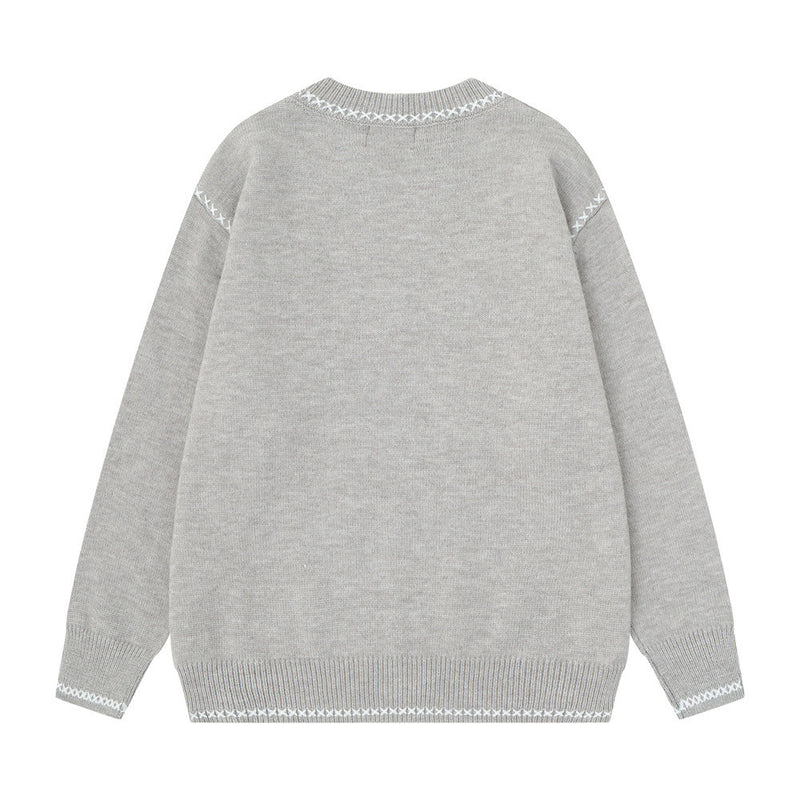 Crew Neck Sweater Men's Oversized Embroidered Knit Pullover
