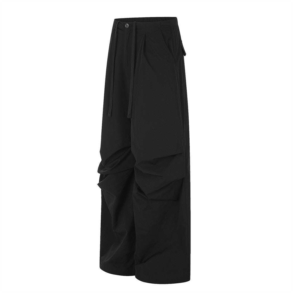Wide-Leg Parachute Pants – Pleated Drawstring Trousers with Ruched Detail