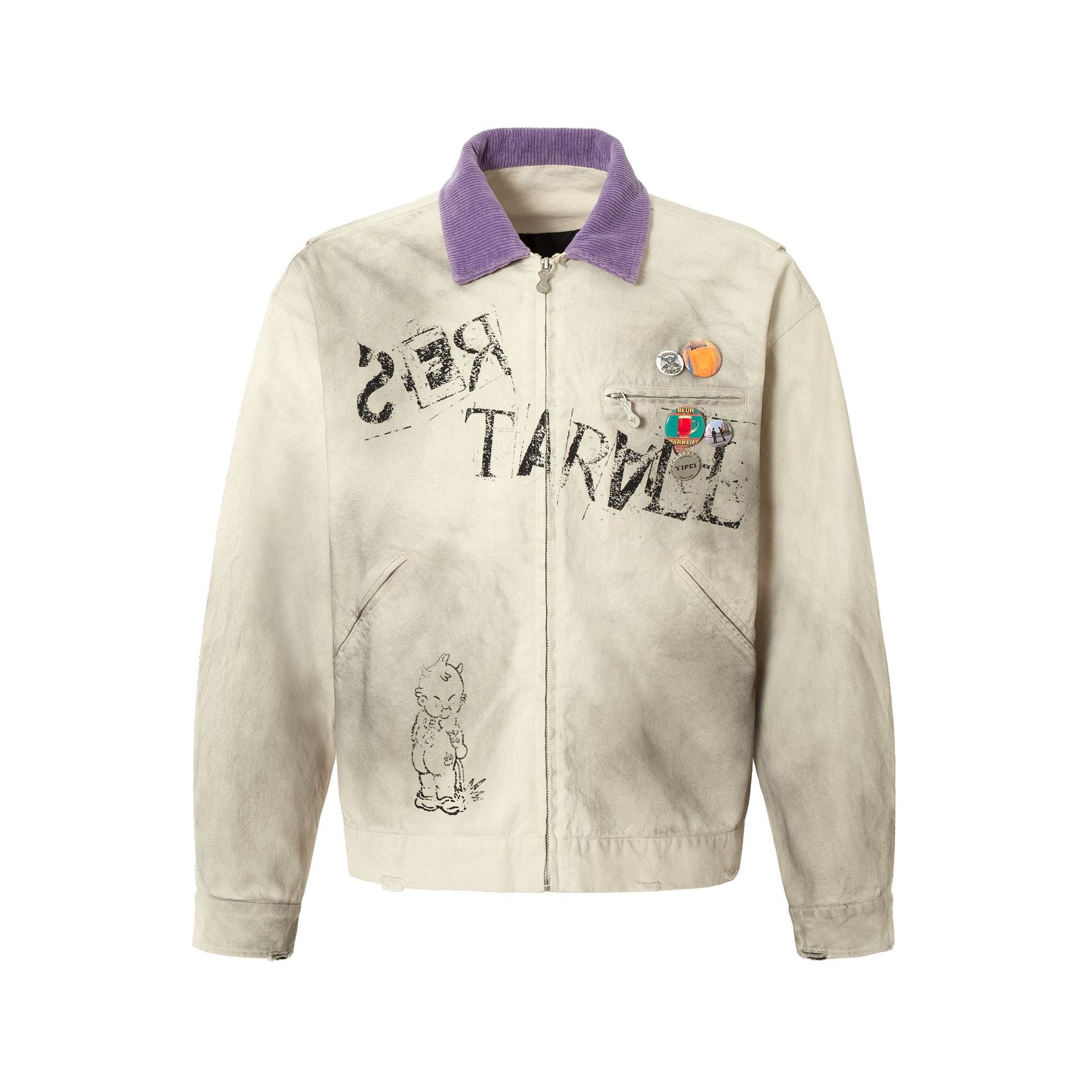 Veste zippée à imprimé graphique – Coton délavé effet usé, col violet et badge