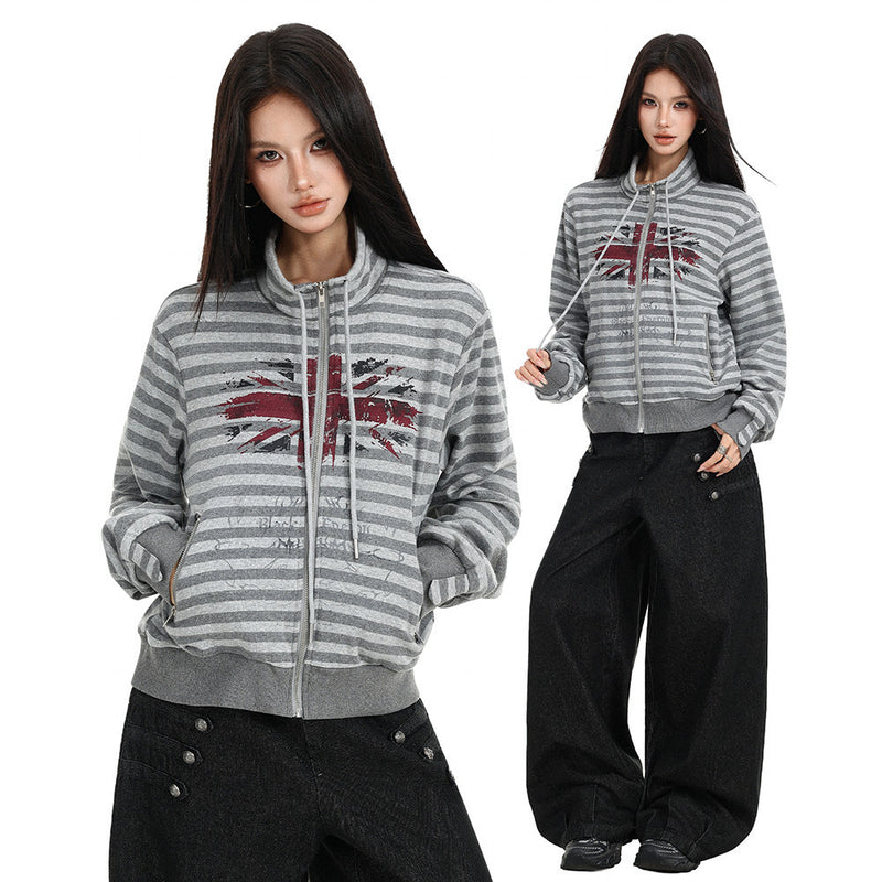 Gray Zip Up Jacket Striped Union Jack Stand Collar Unisex Sweatshirt Coat