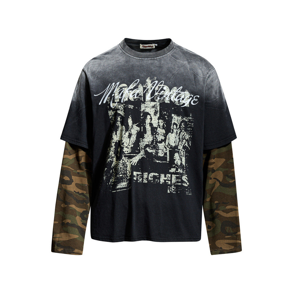 Oversized faux two-piece long sleeve graphic tee with acid-wash black body, distressed vintage print, and camouflage sleeves