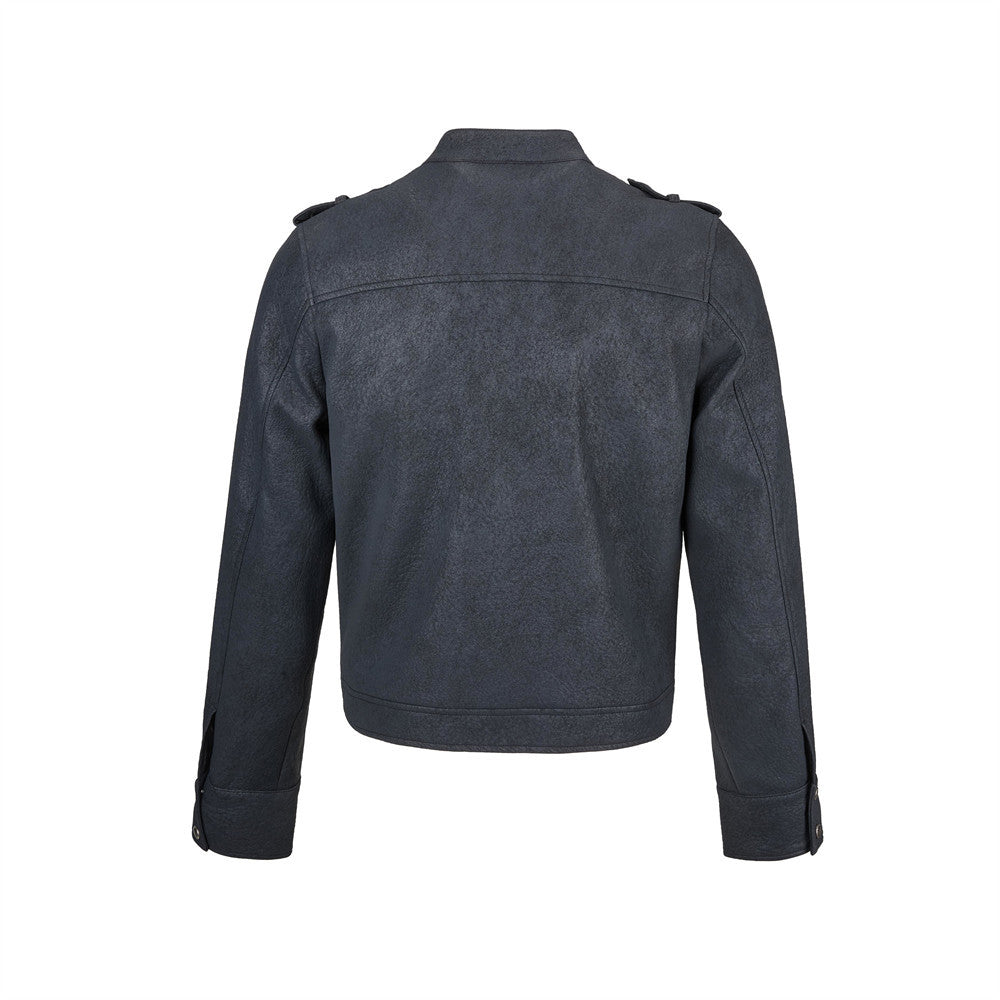 Men's Faux Leather Military Jacket – Double-Breasted Stand Collar Short Coat