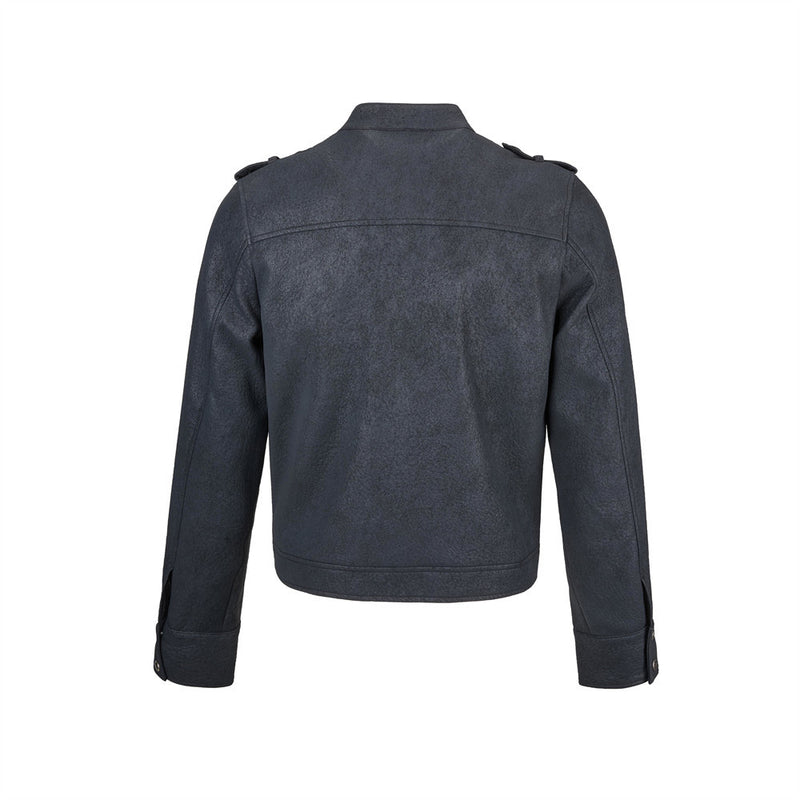 Men's Faux Leather Military Jacket – Double-Breasted Stand Collar Short Coat
