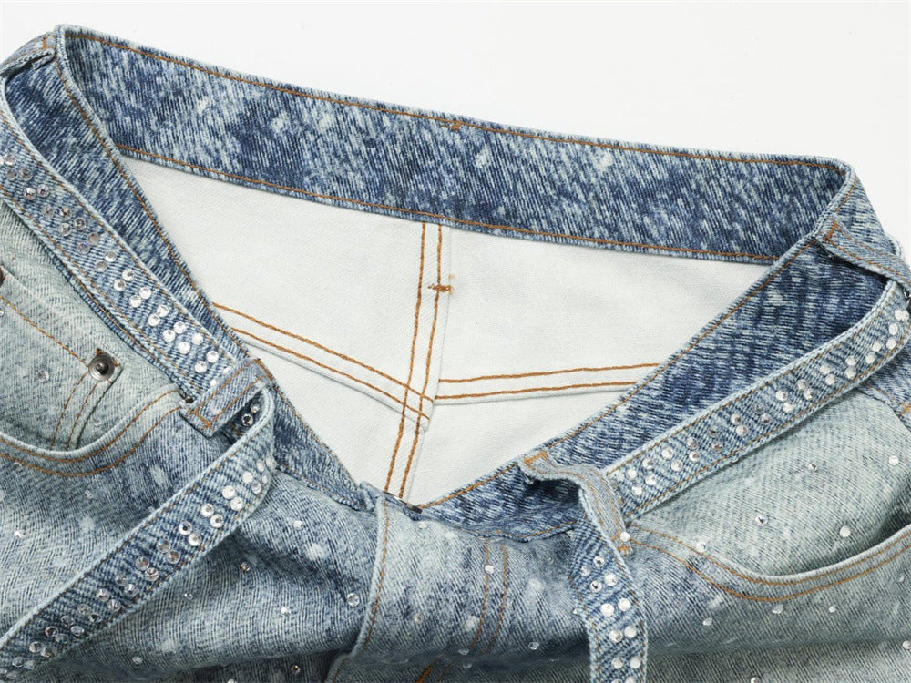 Y2K Baggy Jeans Mens Wide-Leg Rhinestone Embellished Denim Pants