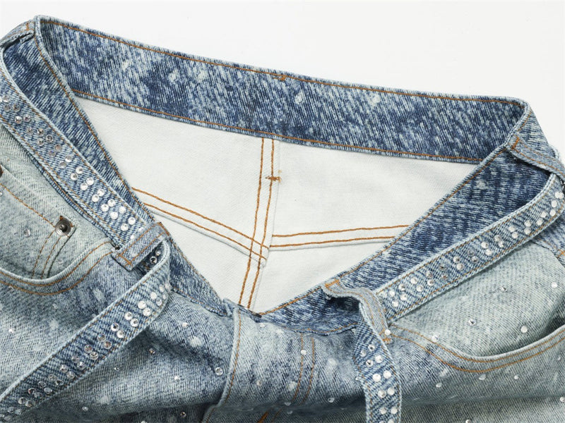 Y2K Baggy Jeans Mens Wide-Leg Rhinestone Embellished Denim Pants