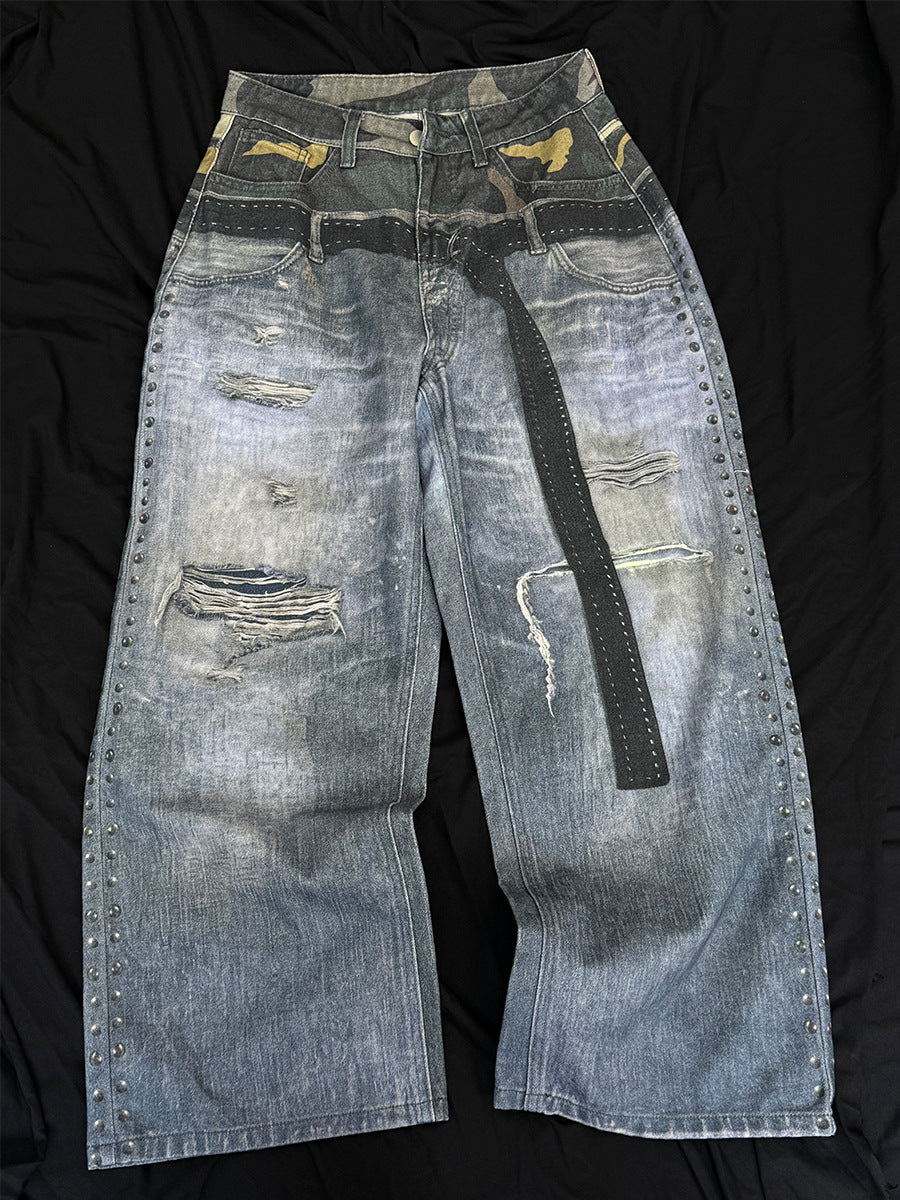 Baggy Wide-Leg-Jeans – Camouflage-Patchwork, Distressed-Denim, Nähte mit Nieten & Gürtel