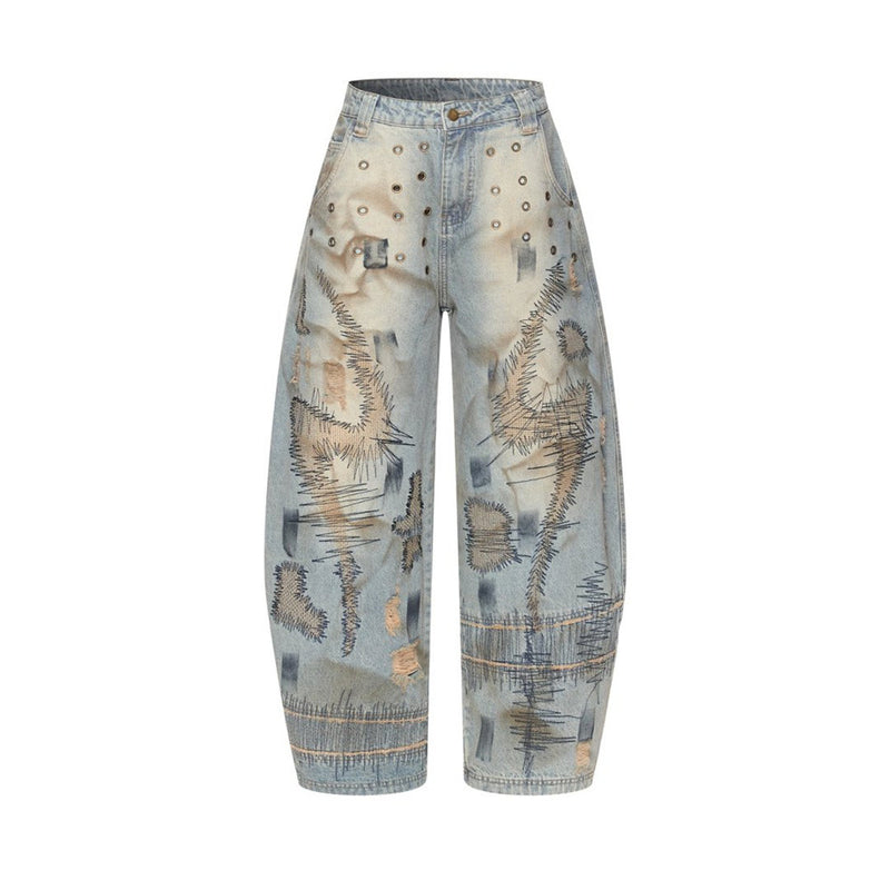 Men's Distressed Wide-Leg Jeans with Chaotic Embroidery & Metal Eyelet Detail