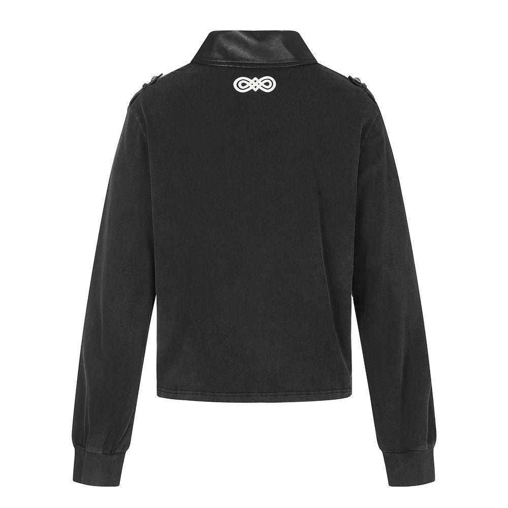 Men's Cropped Military-Style Long Sleeve Polo Shirt with Braided Trim – Black