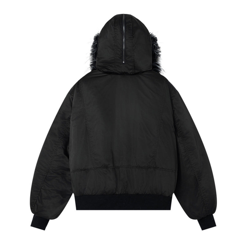 Veste bomber à capuche bordée de fourrure – Manteau d’hiver à poches multiples et double fermeture zippée