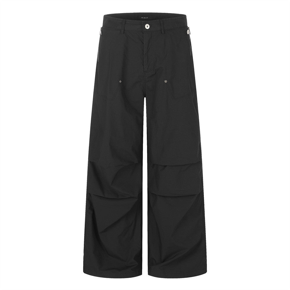 Wide-Leg Parachute Cargo Pants – Pleated Baggy Fit with Zip Pockets