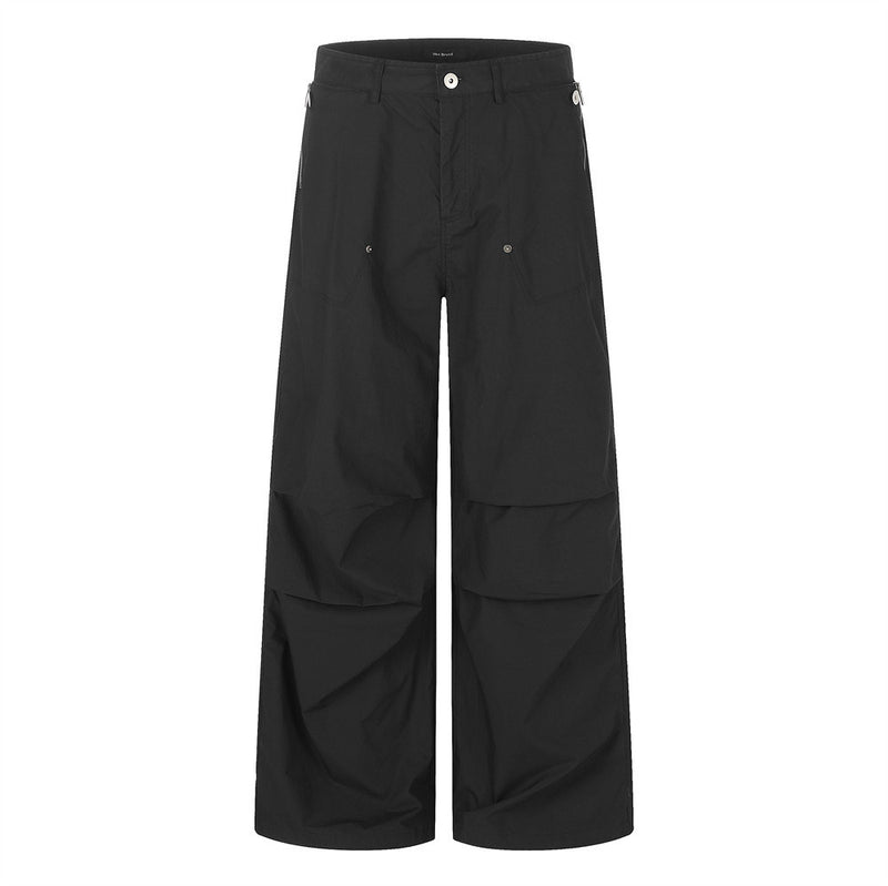 Wide-Leg Parachute Cargo Pants – Pleated Baggy Fit with Zip Pockets