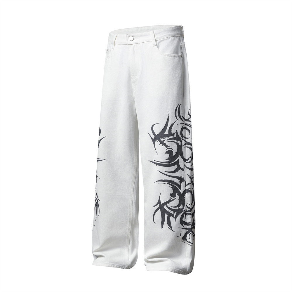 Tribal Print Wide-Leg Jeans – Men's Streetwear Straight Baggy Pants