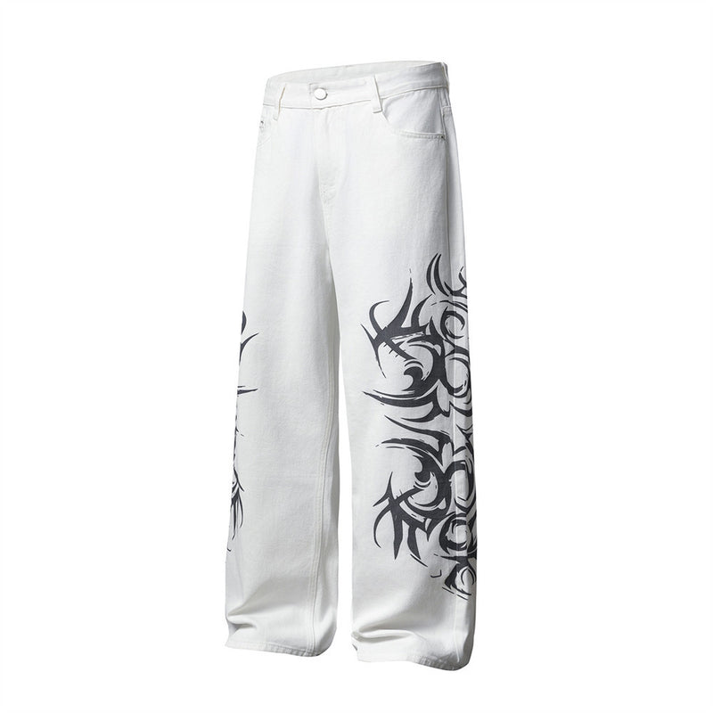 Tribal Print Wide-Leg Jeans – Men's Streetwear Straight Baggy Pants