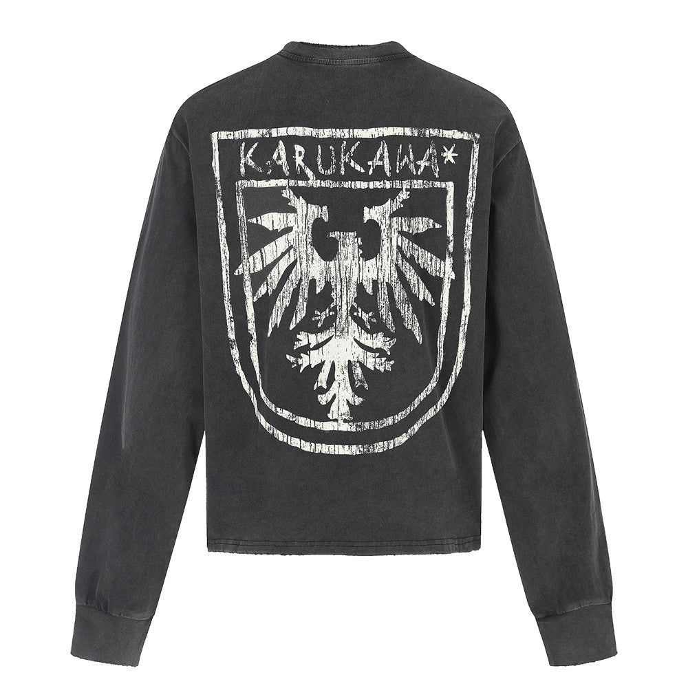 Karukama Eagle Crest Washed Long-Sleeve Tee – Distressed Graphic Black