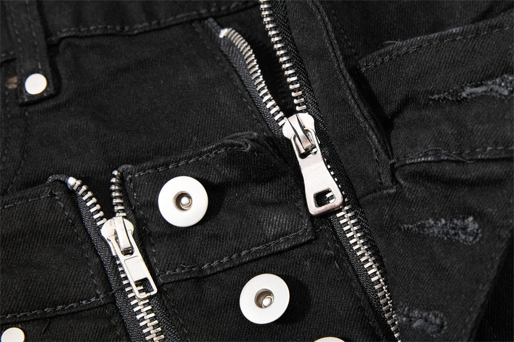 Men's Black Double Waistband Bell Bottom Flare Jeans with Diagonal Zipper