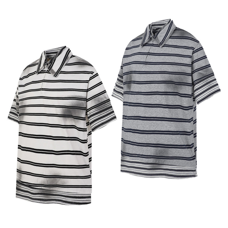 Oversized Striped Polo Shirt – Half-Zip Collar Short Sleeve Tee