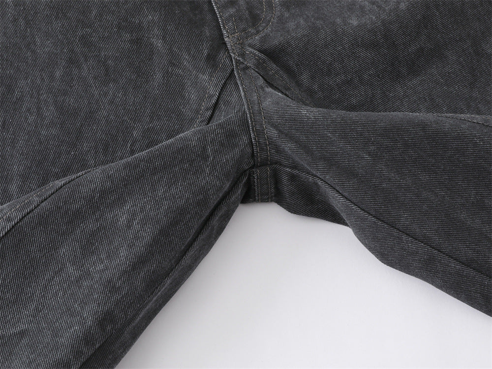Wide-Leg Washed Denim Jeans – Relaxed High-Street Pleated Trousers