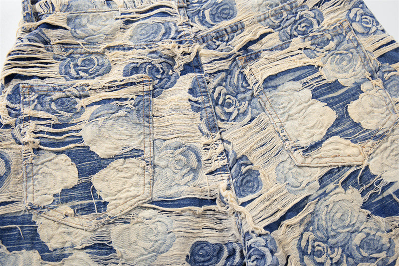 Rose Jacquard Distressed Wide-Leg Jeans – Blue Floral Fringe Denim