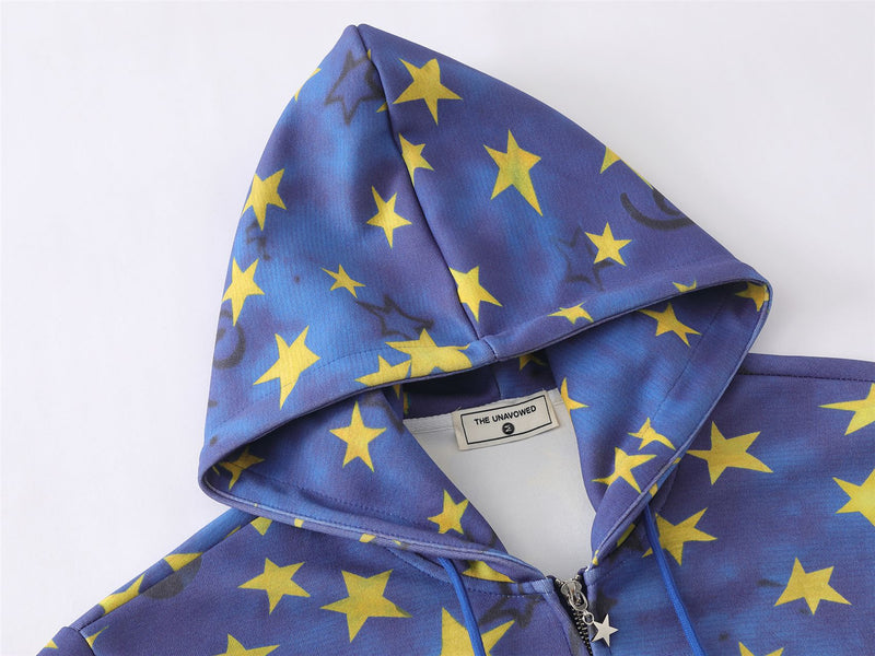 Thick Zip-Up Hoodie Allover Star Print with Embroidered Script Logo