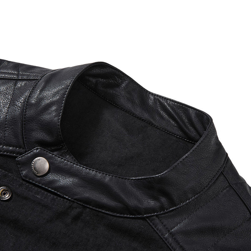 Men's Zip-Up Jacket – Black Moto Biker Style with Asymmetric Zip & Leather